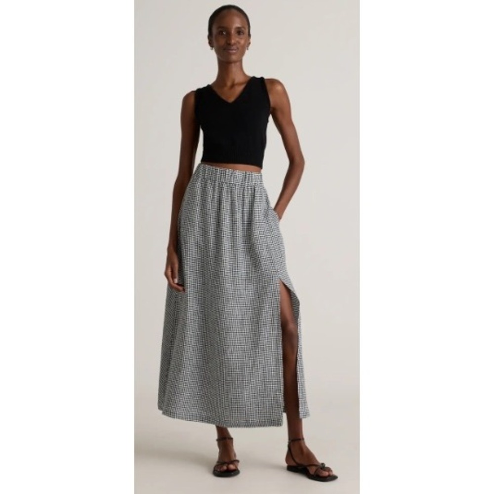 Quince 100% European Linen Maxi Skirt Black White Gingham Pockets Slit M MIVN004